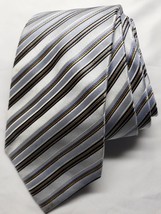 Geoffrey Beene Men&#39;s Tie Silver Gray Gold accent Blue Striped 100% Silk ... - $6.83