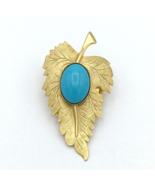 TEXTURED LEAF vintage brooch / scarf clip - gold-tone w/ turquoise blue ... - £19.98 GBP