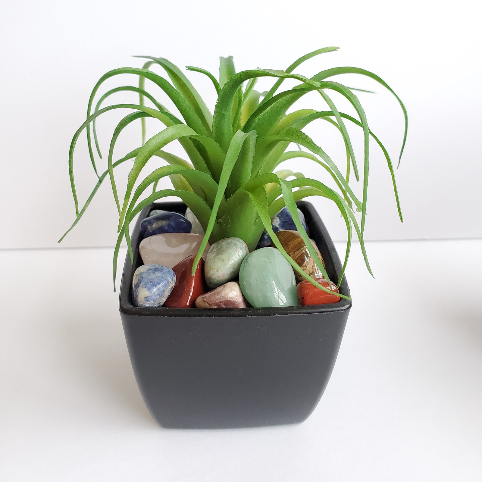Faux Air Plant with Natural Polished Stones in Planter, Tumbled Rocks, Airplant - £12.08 GBP