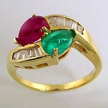 ESTATE 18k Yellow Gold Over 2.85Ct Emerald Ruby Baguette Diamond Cocktail Ring  - £81.85 GBP