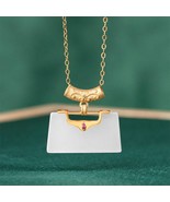 Authentic Fine White Tallow Jade Lovely Lock 18K Gold Inlay Pendant Neck... - £240.00 GBP