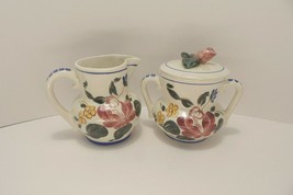 Red Wing ORLEANS Creamer n Sugar w Lid Red Blue Flower Bud  Great Cond - £21.25 GBP