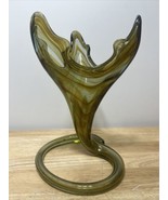 Vintage MCM Hand Blown 11&quot; Art Glass Vase Tulip Trumpet Swirl Coiled Base - £17.91 GBP