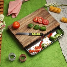 WOODEN chopping board with sliding tray steel cutting board non slip - $68.02