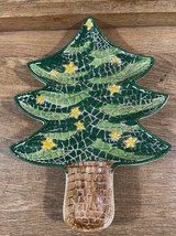 Italian Ceramic Christmas Tree Tray Plate Mosaic Pattern Green Tree Yell... - $15.48