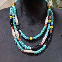 Women Fashion Native Turquoise Bead 3 Strand Collar Necklace with Lobster Clasp - £22.26 GBP