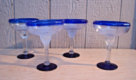 Set Of 4 Margarita Glasses Goblets Cobalt Blue Rim Seeded Hand Blown Mexico Vtge - £31.11 GBP