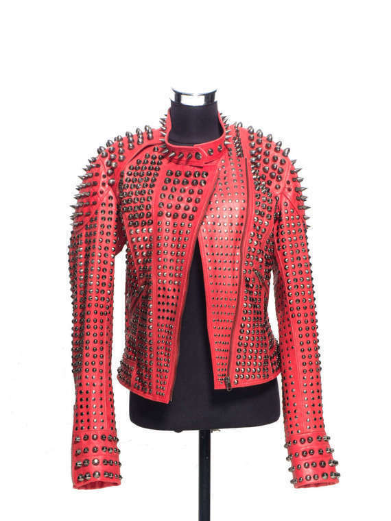 Women's Red Color Real Leather Silver Spike Studs Adjustable Belted Waist Jacket