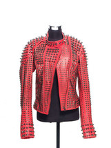 Women&#39;s Red Color Real Leather Silver Spike Studs Adjustable Belted Waist Jacket - £250.67 GBP
