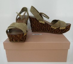 Miu Miu Carved Wood Platform Wedge Suede Criss Cross Shoes 39 mint - £116.86 GBP