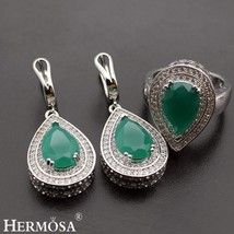Jewelry Set GreenEmerald Silver Color Earrings Ring Size 8 Sets For Women Green  - £30.01 GBP