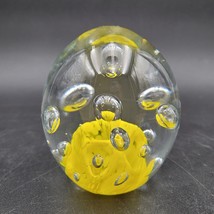 Vintage Yellow Floral Art Clear Glass Paperweight Egg Shaped Controlled ... - $19.79