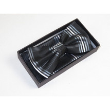 Men Bow Tie Hankie Set Formal Event Tuxedo, Business Suit #BT3 Black Striped image 4