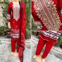 Pakistani Red Printed Straight Shirt 3-PCS Lawn Suit w/ Threadwork ,L - $50.64