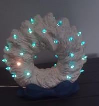 Vintage Ceramic Mold Lighted Christmas Tree Wreath Blue Ribbon base 1986 - £90.43 GBP