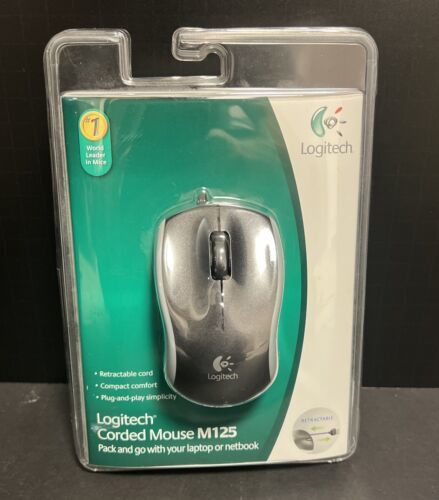 Logitech M125 Retractable Corded Mouse 910-001830 Black Laptop Desktop Sealed - $74.79