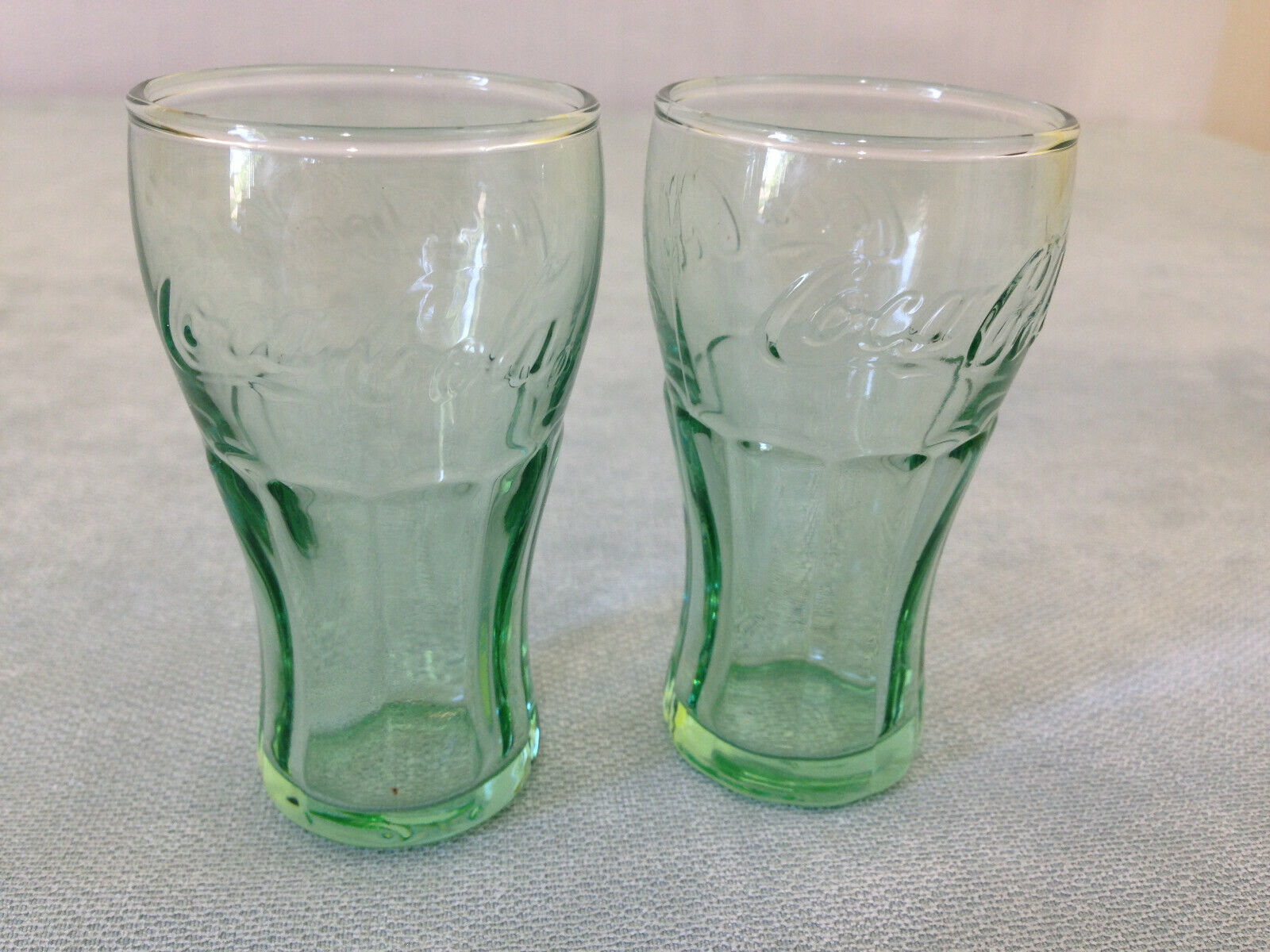  Two  Coca - Cola Mini Green Glasses 2.5oz 3" tall Souvenirs Shot glasses - £9.48 GBP