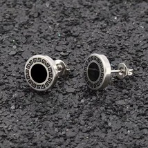 Men's Round Black Stud Earrings Stainless Steel Punk Retro Gothic Jewelry Gift - £10.11 GBP
