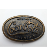 Vtg 1970&#39;s Coca Cola Five Cents Coke Oval Brass Belt Buckle - $9.65