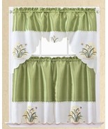 FLOWERS GREEN AND BEIGE EMBROIDERED DECORATIVE KITCHEN CURTAIN 3 PCS SET - £15.48 GBP