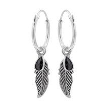 Feather and Jet Crystal Charm 925 Silver Hoop Earrings - £13.44 GBP