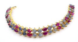 Vintage Shiny Gold Tone Sapphire Ruby Gemstone Tennis Bracelet 7 in - £42.73 GBP
