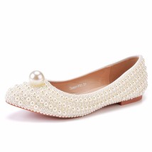 Beige Pearl Flats Women Wedding Shoes Pointed Toe White Female Dress Low Heel La - £75.85 GBP