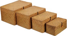 4 Pack, Wicker Baskets With Lids, Nautral Seagrass Storage Baskets, Woven - £42.34 GBP