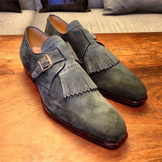 Gray Suede Leather Monk Fringes Single Buckle Strap Derby Toe Handmade Shoes
