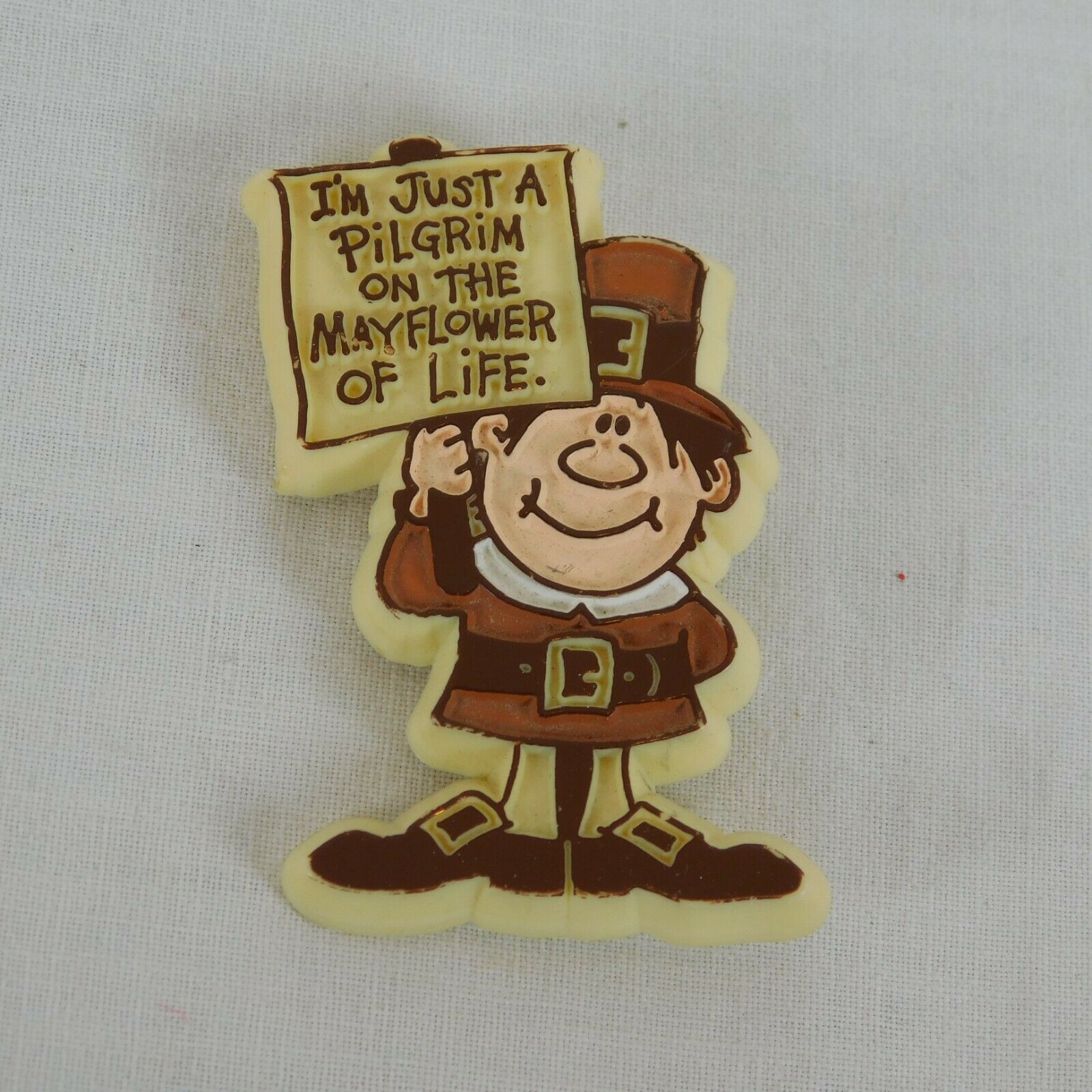 Primary image for Hallmark Thanksgiving Pilgrim Mayflower of Life Sign Pin 1980 Holiday Brown 2.25