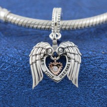 Two Tone 925 Silver and Rose™ 2021 Angel Wings &amp; Heart Dangle Charm - £13.99 GBP