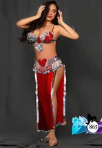 Shiny Red Dancing Costume Sparkling Belly Dance Bra&amp; Skirt With Diamond Belt - £41.87 GBP