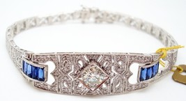 14k Gold Art Deco Style Genuine Natural Diamond and Sapphire Bracelet (#... - £3,115.44 GBP
