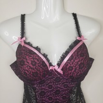 Victorias Secret Womens Garter Slip 36B Black Pink Lace Underwire Padded - $23.23