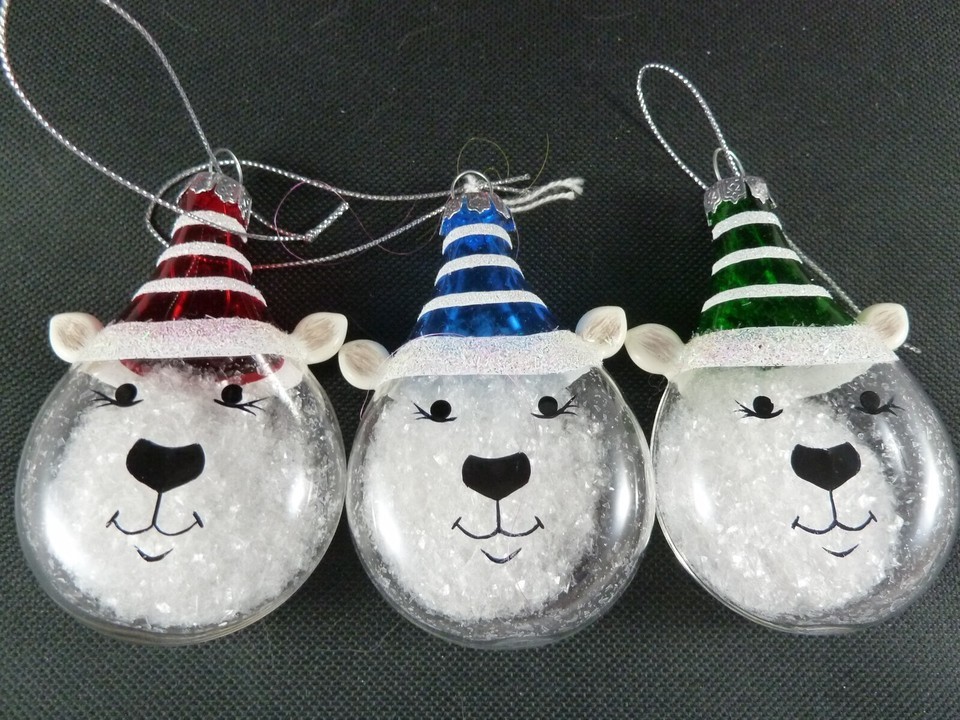 Set of 3  Hand Painted Glass Bear Christmas Ornaments 3.5&quot; - $15.72