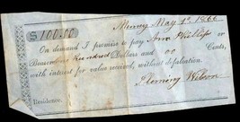 1866 Antique Ann Phillips Receipt Fleming Wilson Iou $100 Ephemera 2.75&quot; X 5.5&quot; - £14.96 GBP