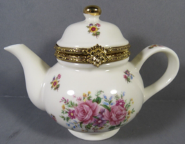 Teapot Trinket Box Pink Roses Formalities  Locking Hinge Baum Bros. 5&quot; x 3.25&quot; - £8.74 GBP