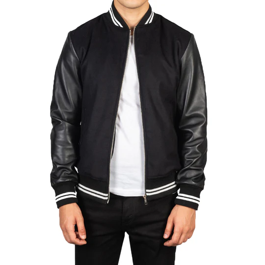 BLACK HYBRID VARSITY JACKET - $230.00