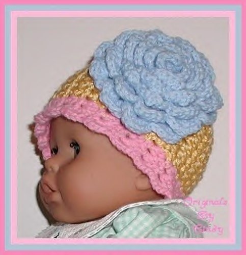 Primary image for Big Blue Flower Sunshine Yellow Baby Hat Pink 6-12 Months Babies