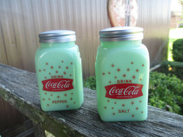 Coca-Cola Salt and Pepper Shaker Jadeite Glass Depression Style Stars Logo - $16.58