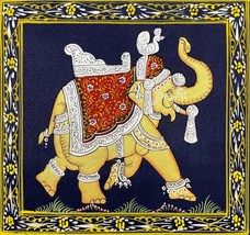 Royal Elephant Handmade Miniature Indian Ethnic Folk Painting on Silk | 12x12 In - £119.10 GBP