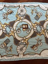 Regal Horse Carriage Silk Scarf Oversized Rectangle Blue Gold White 70x34 - £23.73 GBP