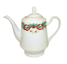 Vintage Sango Teapot Noel Christmas Green Holly Berries 8.5&quot; 1990 Holiday #8401 - £11.64 GBP