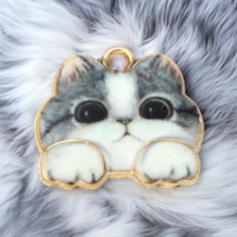 10 pcs Cat Head Charms Gray White Big Eyes Gold Bead Drops Findings 18x16mm - £9.17 GBP