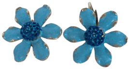 Signed Weiss Vintage Clip On Earrings Enamel Flowers Vintage Gold Tone Lt Blue - £39.95 GBP