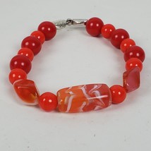 Vintage Red Orange Silver Glass Beaded Bracelet Handcrafted Stretchy - $13.10