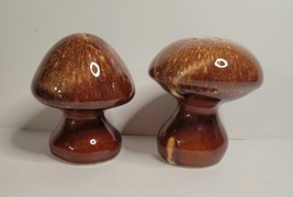 Mushroom Salt &amp; Pepper Shakers Brown Drip Pottery with Corks - £23.18 GBP