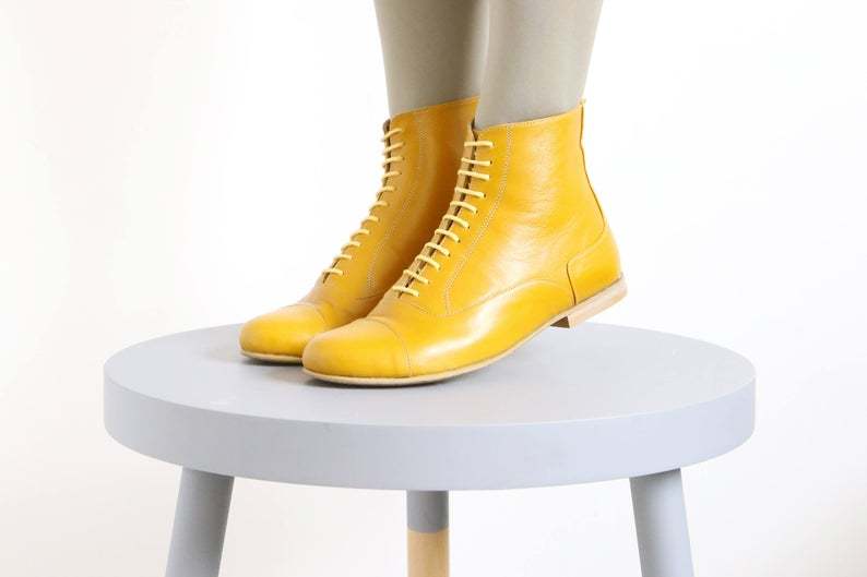 New Stylish Yellow Derby Cap Toe Leather Lace Up High Ankle Women Dress Boots