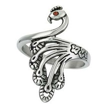 Peacock Ring Womens Silver Stainless Steel Victorian Art Deco Bird Boho Band - £12.04 GBP
