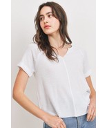 Women&#39;s Waffle Raw Edge V-neck Rolled Up Short Sleeves Top - $33.29 CAD